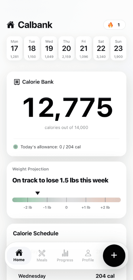 Calbank app weekly projection screen